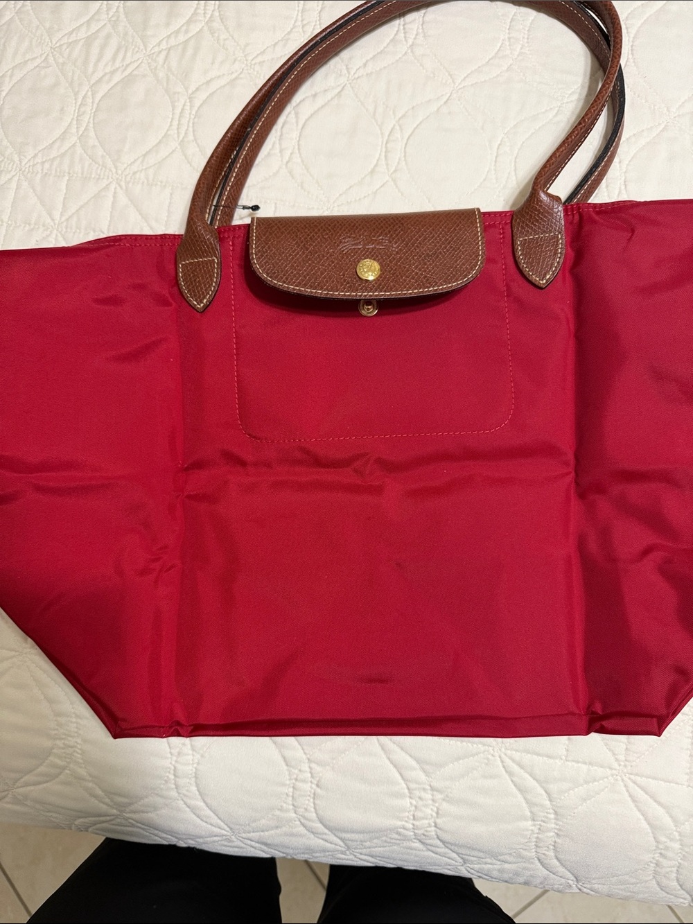 Longchamp Nylon Tote in Bright Red with Brown Leather Trim